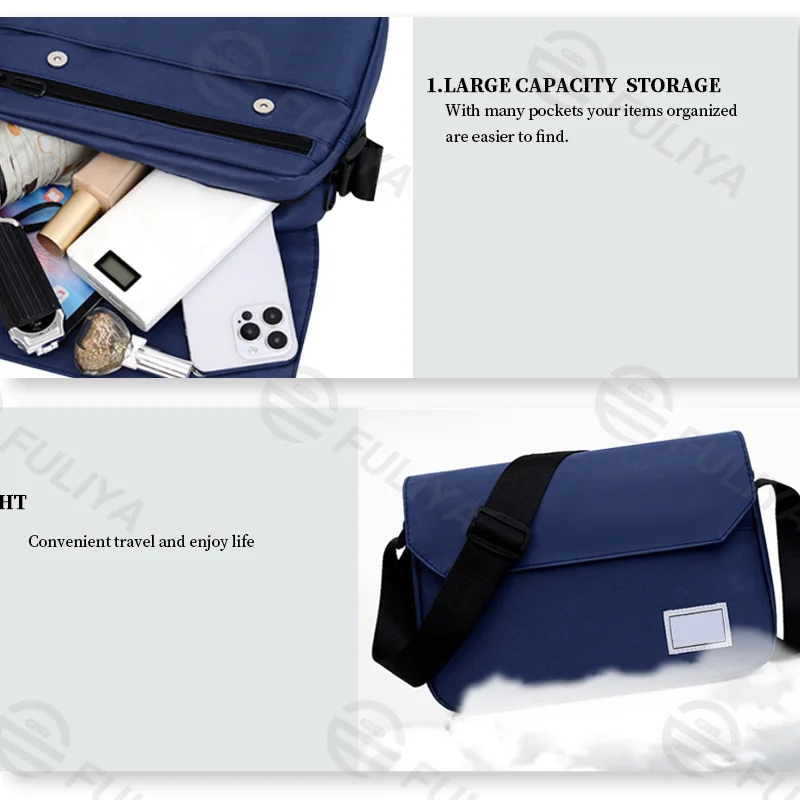 Guangzhou Fuliya Industry Co.,Ltd C-80923  Stylish minimalist crossbody bag, lightweight fabric approx. 0.21kg, square design, multi-compartment large capacity - for commuting, outdoor, sports, and business trips.