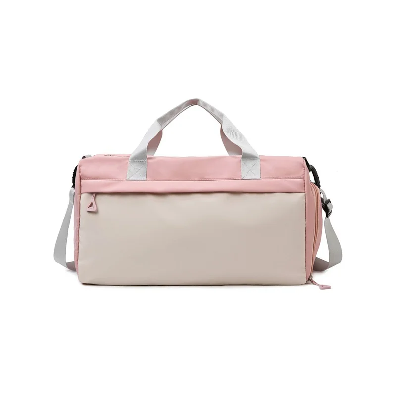 Guangzhou Fuliya Industry Co.,Ltd C-80940 Pink waterproof training travel bag with shoe compartment, front zip pocket, and trolley belt. Dry-wet separation, large capacity. For women's fitness, sports, and travel.