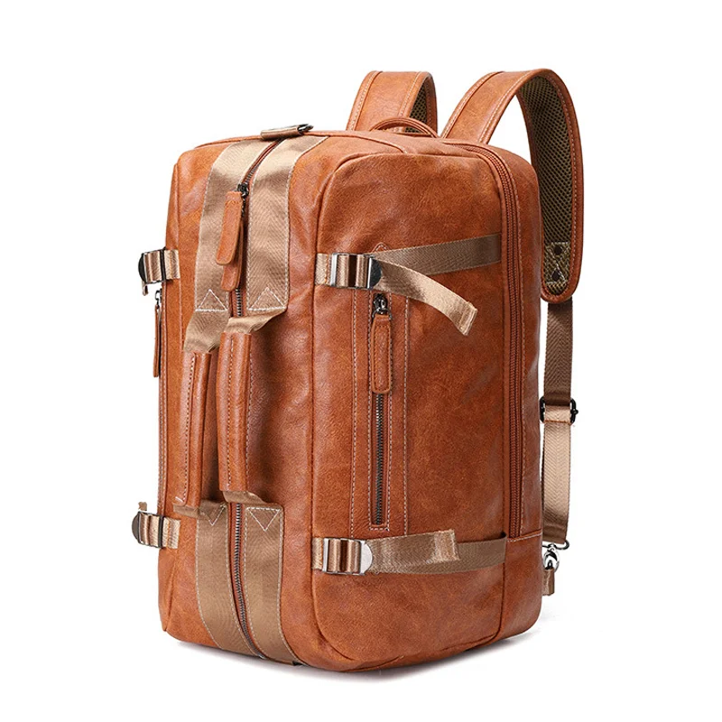 Guangzhou Fuliya Industry Co.,Ltd C-80948 Large-capacity PU leather backpack with laptop compartment. Stowable straps for backpack, hand, or crossbody carry. Adjustable buckles and comfort pads. For commuting, business, and travel.
