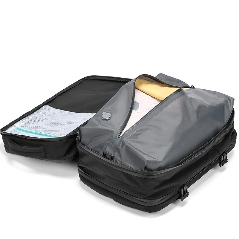 Guangzhou Fuliya Industry Co.,Ltd C-80953 Multi-functional vacuum-compression backpack, expandable 22L-45L . Water-resistant Oxford fabric, 15.6" laptop sleeve, 3D breathable pad, and USB port. For business trips and travel.