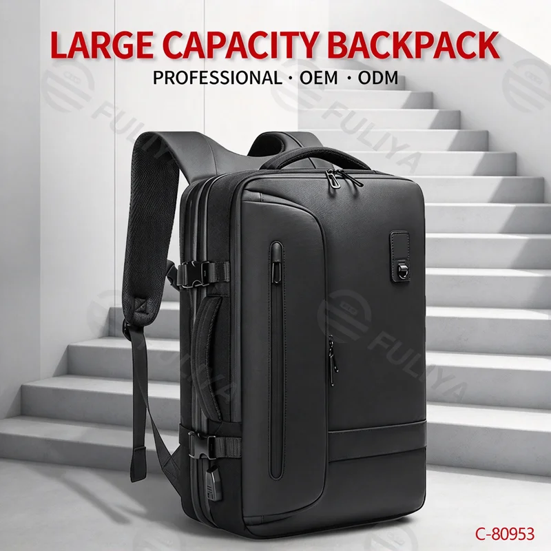 Guangzhou Fuliya Industry Co.,Ltd C-80953 Multi-functional vacuum-compression backpack, expandable 22L-45L . Water-resistant Oxford fabric, 15.6" laptop sleeve, 3D breathable pad, and USB port. For business trips and travel.