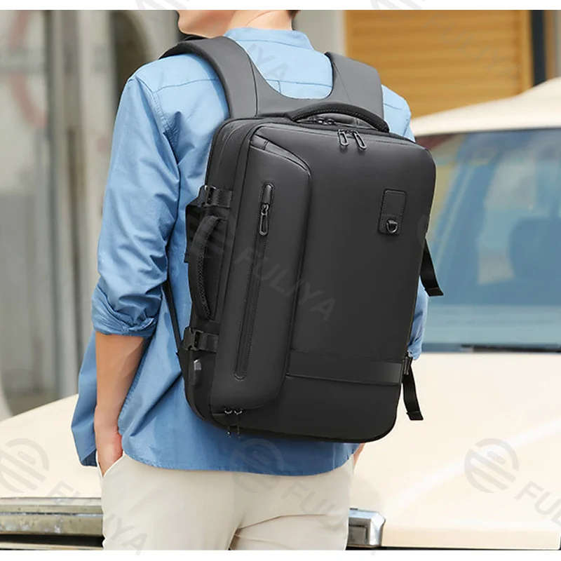 Guangzhou Fuliya Industry Co.,Ltd C-80953 Multi-functional vacuum-compression backpack, expandable 22L-45L . Water-resistant Oxford fabric, 15.6" laptop sleeve, 3D breathable pad, and USB port. For business trips and travel.