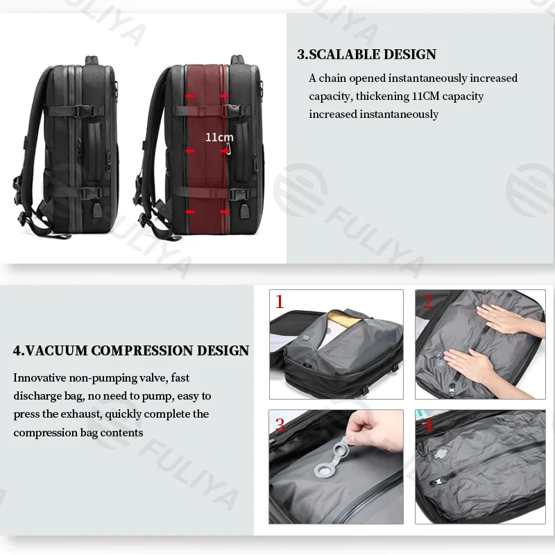 Guangzhou Fuliya Industry Co.,Ltd C-80953 Multi-functional vacuum-compression backpack, expandable 22L-45L . Water-resistant Oxford fabric, 15.6" laptop sleeve, 3D breathable pad, and USB port. For business trips and travel.