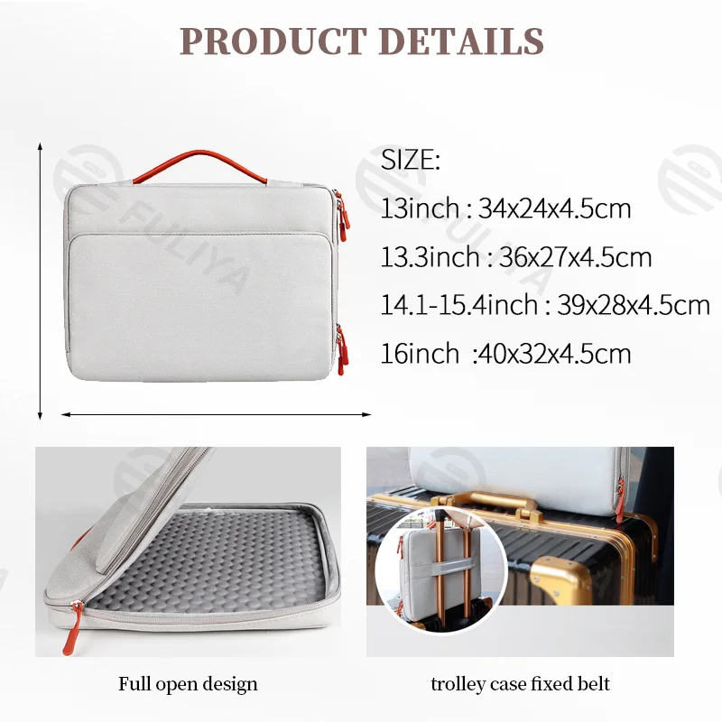 Guangzhou Fuliya Industry Co.,Ltd C-80954 16-inch shockproof laptop bag with 360° padding. Full-open design with laptop and accessory compartments, trolley sleeve, and retractable handle. For commuting and business trips.