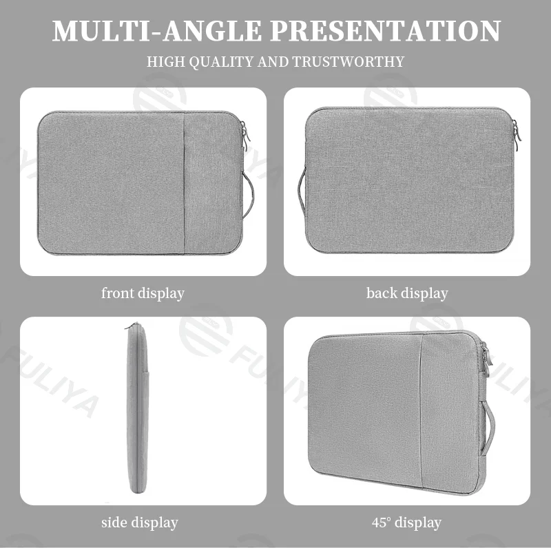 Guangzhou Fuliya Industry Co.,Ltd C-80955 Slim minimalist laptop bag with soft plush lining and front accessory pocket. Water-resistant, scratch-proof, and easy to clean. Integrated retractable handle. For commuting and travel.