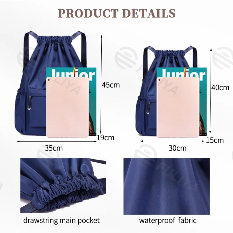Guangzhou Fuliya Industry Co.,Ltd C-80956 Water-resistant drawstring backpack with durable water-repellent fabric and a wet/dry separation bag. Drawstring closure and adjustable straps. Lightweight and sturdy. For sports, travel, and daily use.
