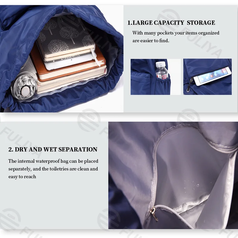 Guangzhou Fuliya Industry Co.,Ltd C-80956 Water-resistant drawstring backpack with durable water-repellent fabric and a wet/dry separation bag. Drawstring closure and adjustable straps. Lightweight and sturdy. For sports, travel, and daily use.