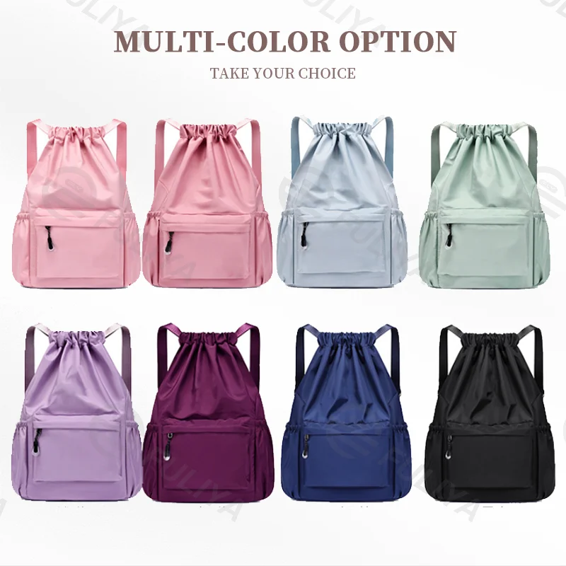 Guangzhou Fuliya Industry Co.,Ltd C-80956 Water-resistant drawstring backpack with durable water-repellent fabric and a wet/dry separation bag. Drawstring closure and adjustable straps. Lightweight and sturdy. For sports, travel, and daily use.