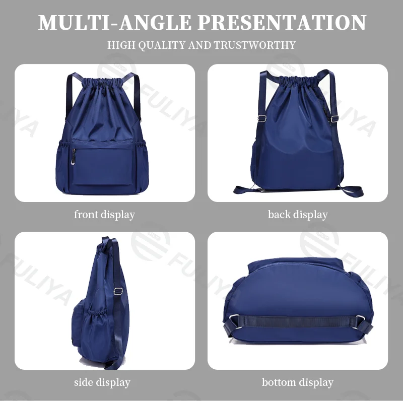 Guangzhou Fuliya Industry Co.,Ltd C-80956 Water-resistant drawstring backpack with durable water-repellent fabric and a wet/dry separation bag. Drawstring closure and adjustable straps. Lightweight and sturdy. For sports, travel, and daily use.