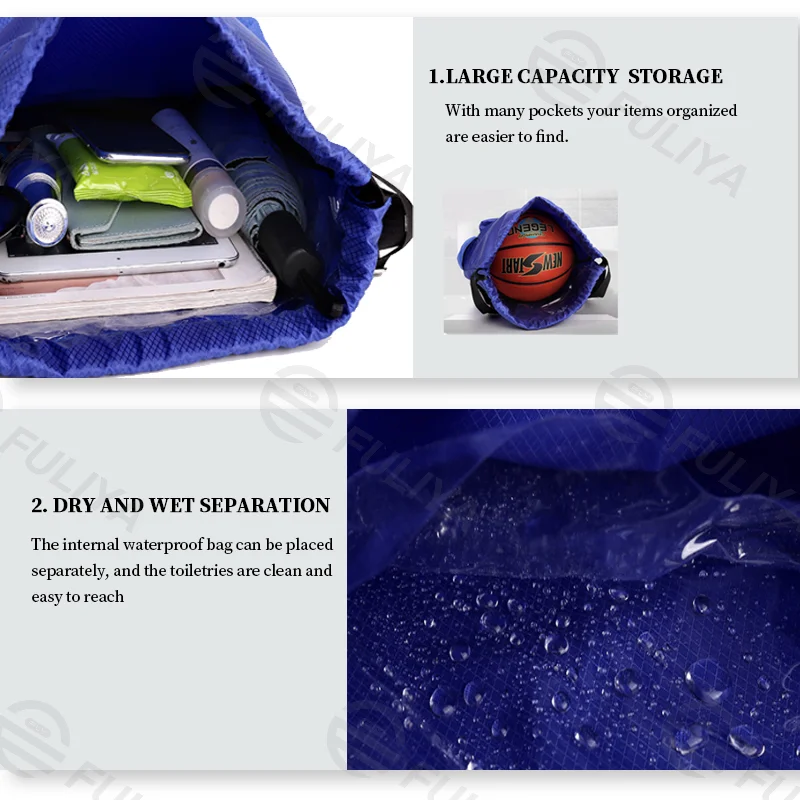 Guangzhou Fuliya Industry Co.,Ltd C-80957 Lightweight portable swim & gym bag with internal wet/dry separation. Multi-purpose, fits swim gear or a basketball easily. For swimming, fitness training, and casual daily use.