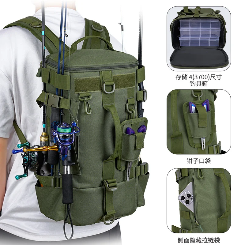 Guangzhou Fuliya Industry Co.,Ltd C-80958 Large-capacity lure backpack with hidden straps (backpack/shoulder). Rod holes, multi-compartment storage, wet/dry separation, and water-resistant fabric. For fishing and outdoor.