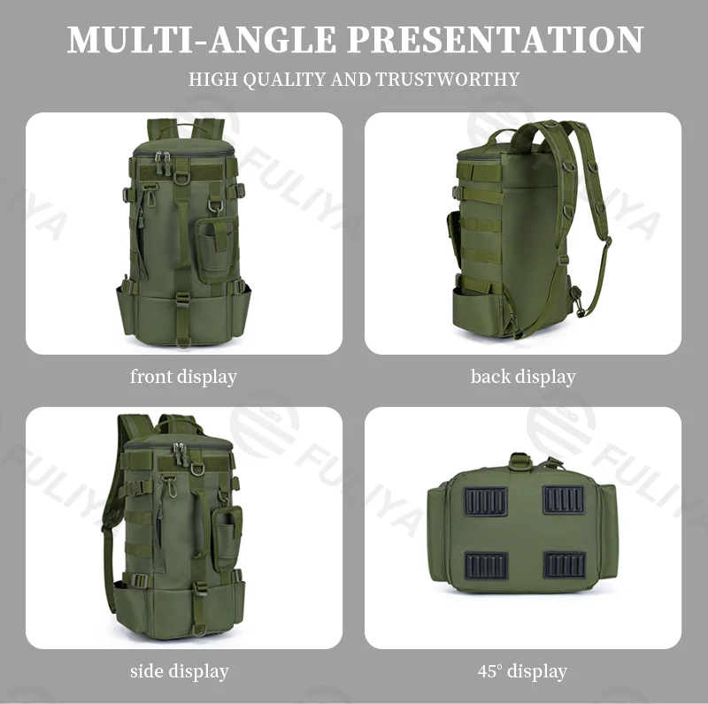 Guangzhou Fuliya Industry Co.,Ltd C-80958 Large-capacity lure backpack with hidden straps (backpack/shoulder). Rod holes, multi-compartment storage, wet/dry separation, and water-resistant fabric. For fishing and outdoor.
