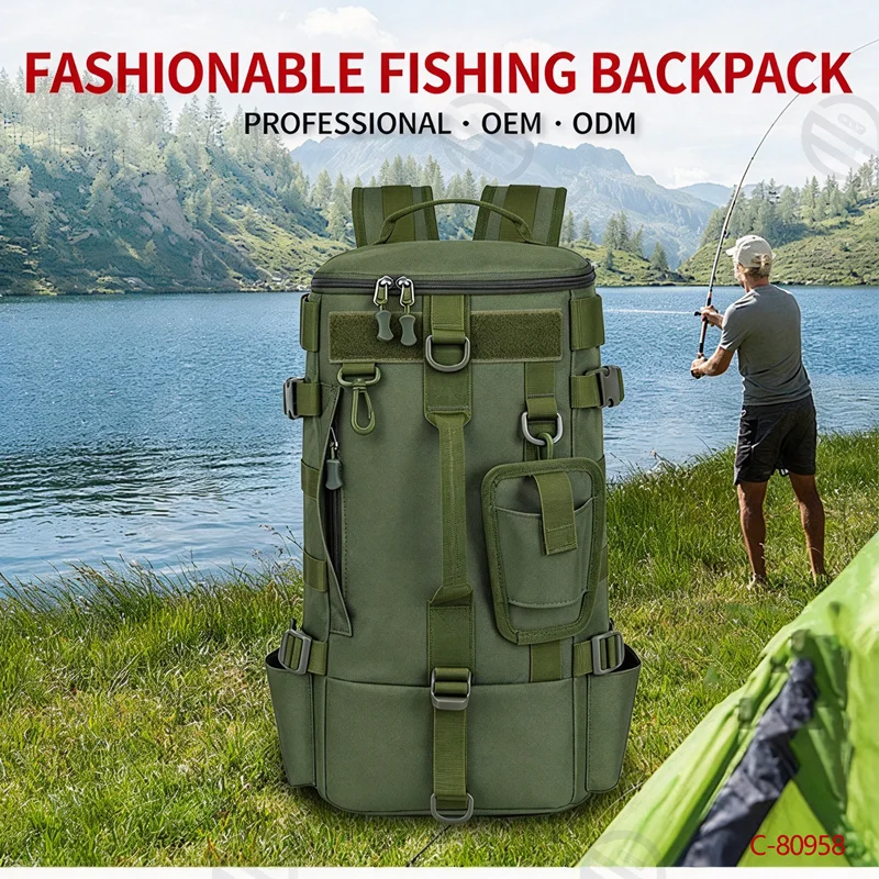 Guangzhou Fuliya Industry Co.,Ltd C-80958 Large-capacity lure backpack with hidden straps (backpack/shoulder). Rod holes, multi-compartment storage, wet/dry separation, and water-resistant fabric. For fishing and outdoor.