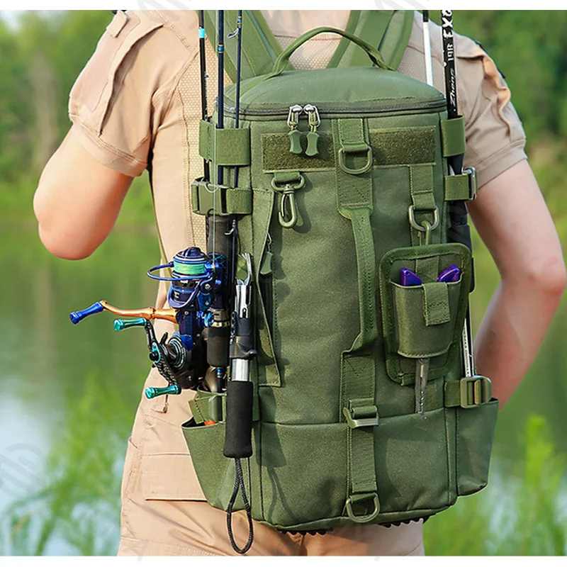 Guangzhou Fuliya Industry Co.,Ltd C-80958 Large-capacity lure backpack with hidden straps (backpack/shoulder). Rod holes, multi-compartment storage, wet/dry separation, and water-resistant fabric. For fishing and outdoor.