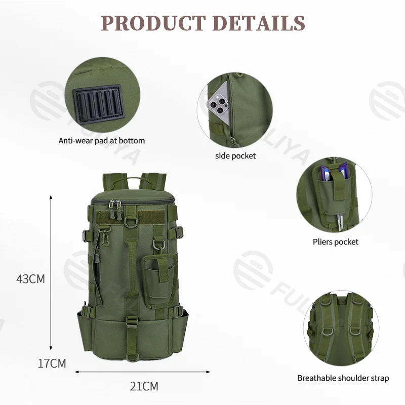 Guangzhou Fuliya Industry Co.,Ltd C-80958 Large-capacity lure backpack with hidden straps (backpack/shoulder). Rod holes, multi-compartment storage, wet/dry separation, and water-resistant fabric. For fishing and outdoor.