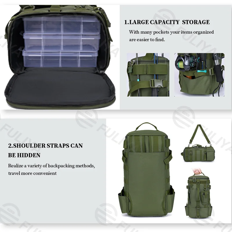Guangzhou Fuliya Industry Co.,Ltd C-80958 Large-capacity lure backpack with hidden straps (backpack/shoulder). Rod holes, multi-compartment storage, wet/dry separation, and water-resistant fabric. For fishing and outdoor.