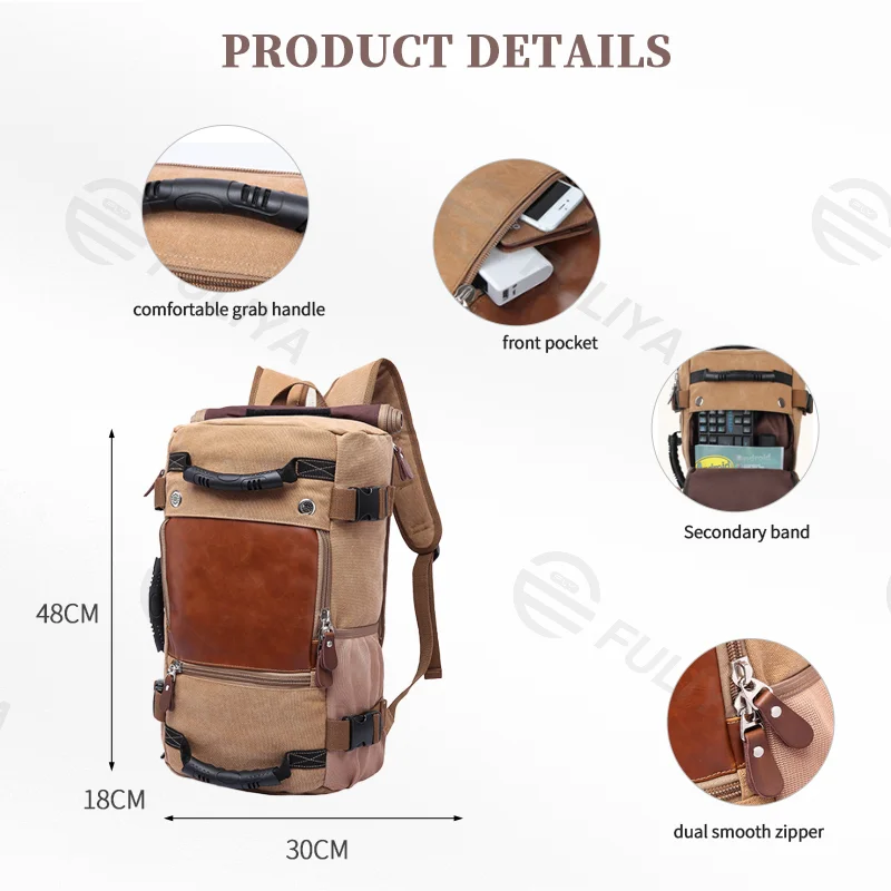 Guangzhou Fuliya Industry Co.,Ltd C-80959 Retro canvas multi-functional backpack, large capacity. 3-way carry (backpack, shoulder, hand). For casual travel and daily use.