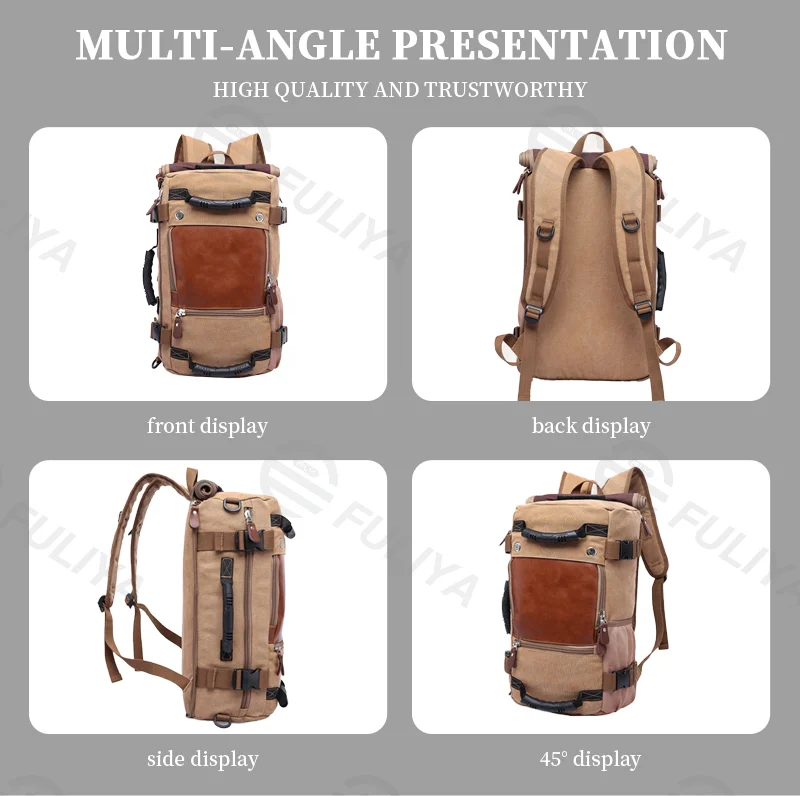 Guangzhou Fuliya Industry Co.,Ltd C-80959 Retro canvas multi-functional backpack, large capacity. 3-way carry (backpack, shoulder, hand). For casual travel and daily use.