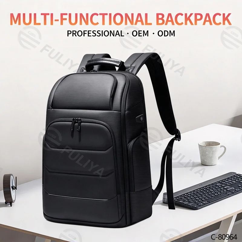 Guangzhou Fuliya Industry Co.,Ltd C-80964 Expandable business backpack, fits 15.6" laptop. Expands 6cm up to 39L. Features water-resistant fabric, multi-layer storage, USB port, and hidden anti-theft back pocket. For short trips and commuting.