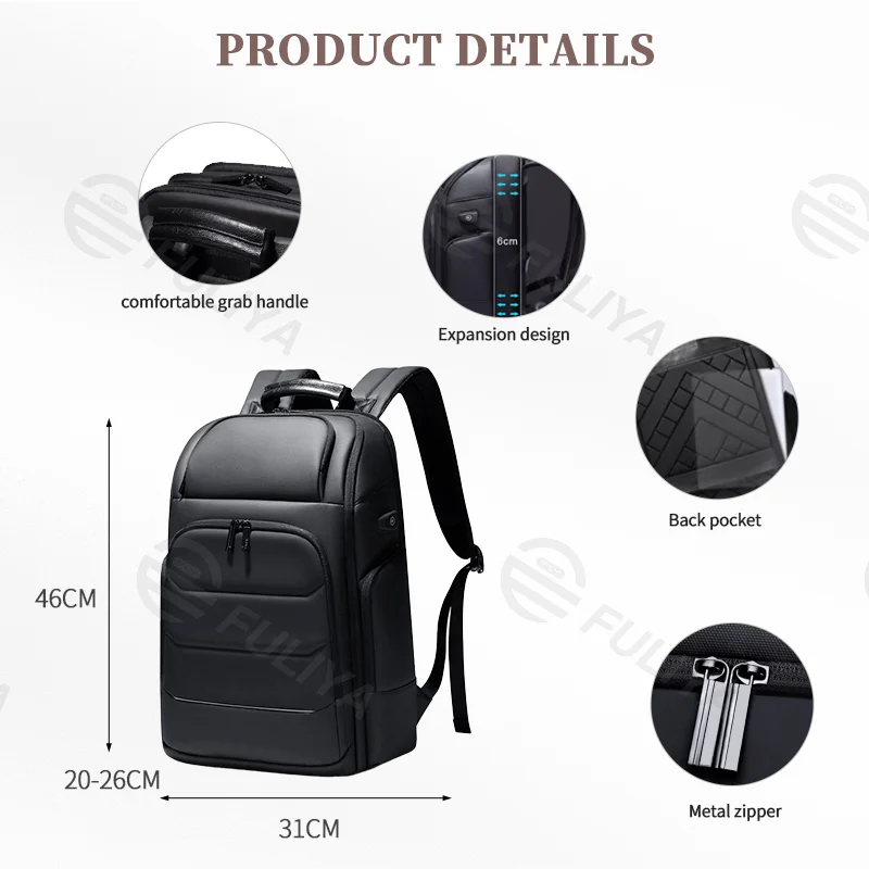 Guangzhou Fuliya Industry Co.,Ltd C-80964 Expandable business backpack, fits 15.6" laptop. Expands 6cm up to 39L. Features water-resistant fabric, multi-layer storage, USB port, and hidden anti-theft back pocket. For short trips and commuting.
