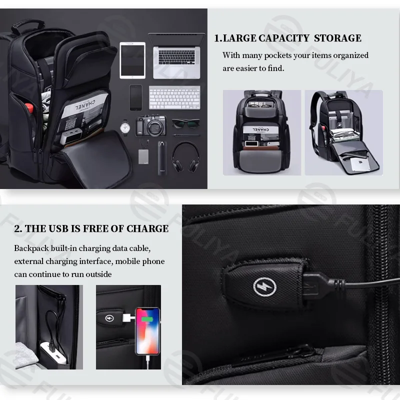 Guangzhou Fuliya Industry Co.,Ltd C-80964 Expandable business backpack, fits 15.6" laptop. Expands 6cm up to 39L. Features water-resistant fabric, multi-layer storage, USB port, and hidden anti-theft back pocket. For short trips and commuting.