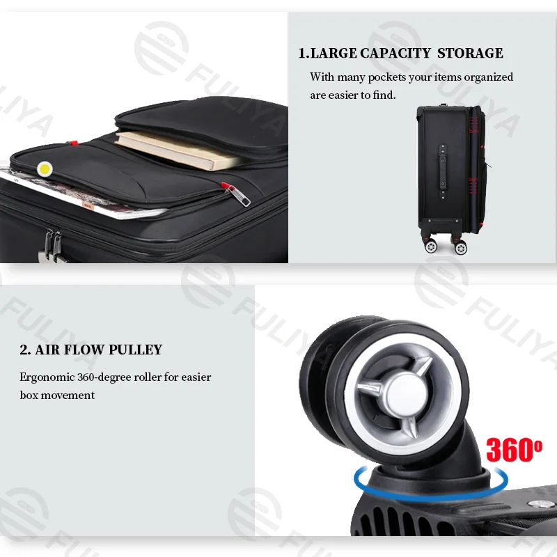 Guangzhou Fuliya Industry Co.,Ltd C-80965 Large-capacity luggage (20-28"). Water-resistant Oxford fabric, silent wheels, expandable zipper, and combination lock. Thickened alloy handle and multi-position grips. For business, school, and travel.