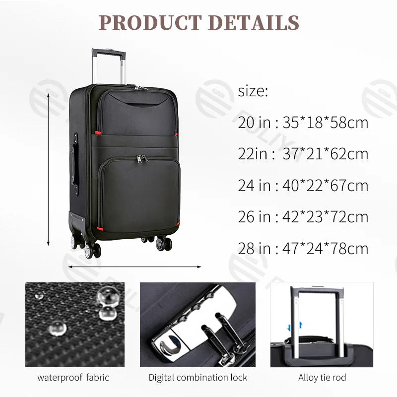 Guangzhou Fuliya Industry Co.,Ltd C-80965 Large-capacity luggage (20-28"). Water-resistant Oxford fabric, silent wheels, expandable zipper, and combination lock. Thickened alloy handle and multi-position grips. For business, school, and travel.