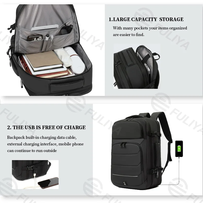 Guangzhou Fuliya Industry Co.,Ltd C-80966 Water-resistant expandable business backpack. 17" laptop sleeve, USB port, honeycomb back pad. H/V switchable. For business commuting.