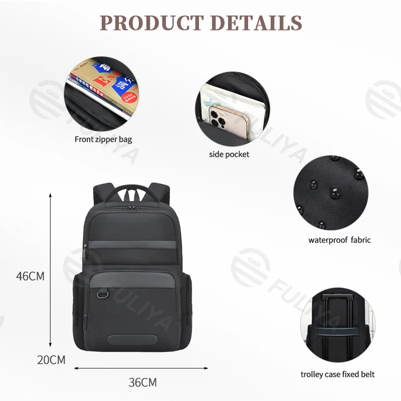 Guangzhou Fuliya Industry Co.,Ltd C-80967 Lightweight casual business backpack with laptop sleeve, multi-layer storage, breathable honeycomb back pad, wide load-balancing straps, and trolley sleeve. For commuting, business, and travel.