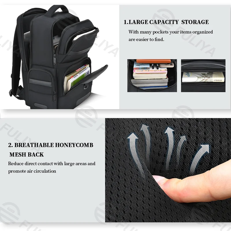 Guangzhou Fuliya Industry Co.,Ltd C-80967 Lightweight casual business backpack with laptop sleeve, multi-layer storage, breathable honeycomb back pad, wide load-balancing straps, and trolley sleeve. For commuting, business, and travel.