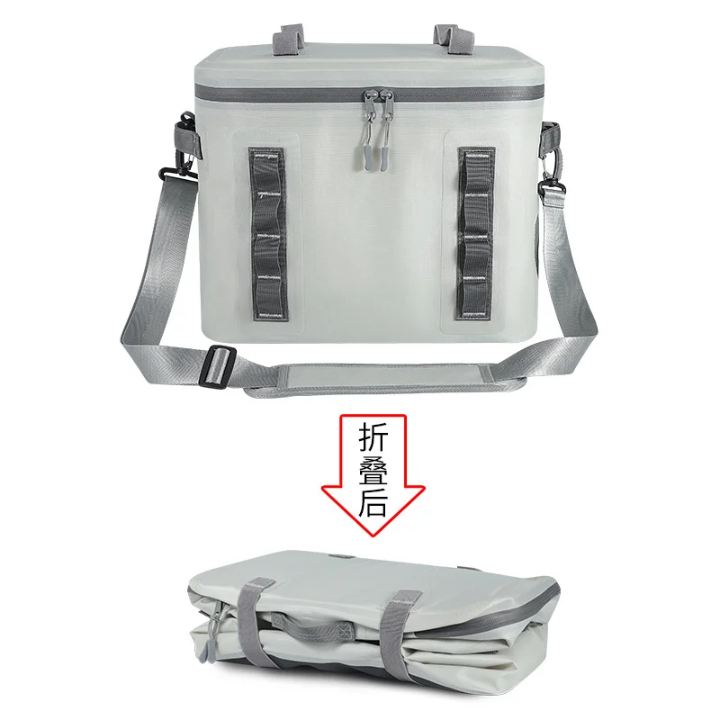 広州富麗雅実業有限会社  C-80969 撥水TPU折りたたみ式保冷バッグ。大容量で保温・保冷・鮮度保持、内部防汚・防油でお手入れ簡単。快適な手提げとショルダー付き。キャンプ・ピクニック・釣り・旅行に。