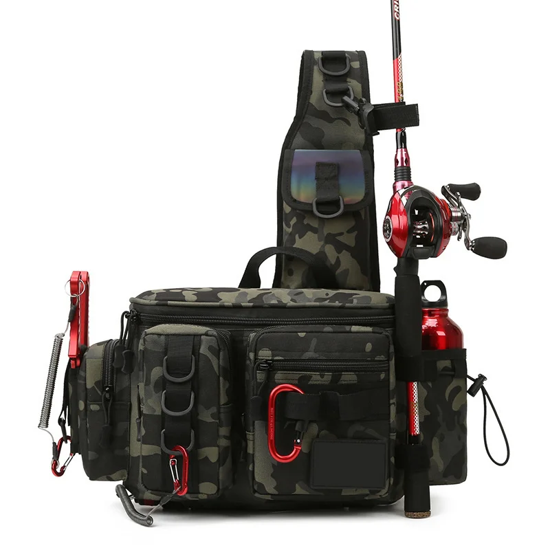 Guangzhou Fuliya Industry Co.,Ltd C-80971 Waterproof Oxford camo fishing bag, large capacity with multiple pockets. Features side bottle pocket, gear loops, and rod holder straps. For outdoor fishing.