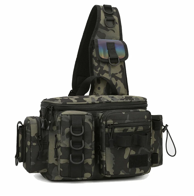 Guangzhou Fuliya Industry Co.,Ltd C-80971 Waterproof Oxford camo fishing bag, large capacity with multiple pockets. Features side bottle pocket, gear loops, and rod holder straps. For outdoor fishing.