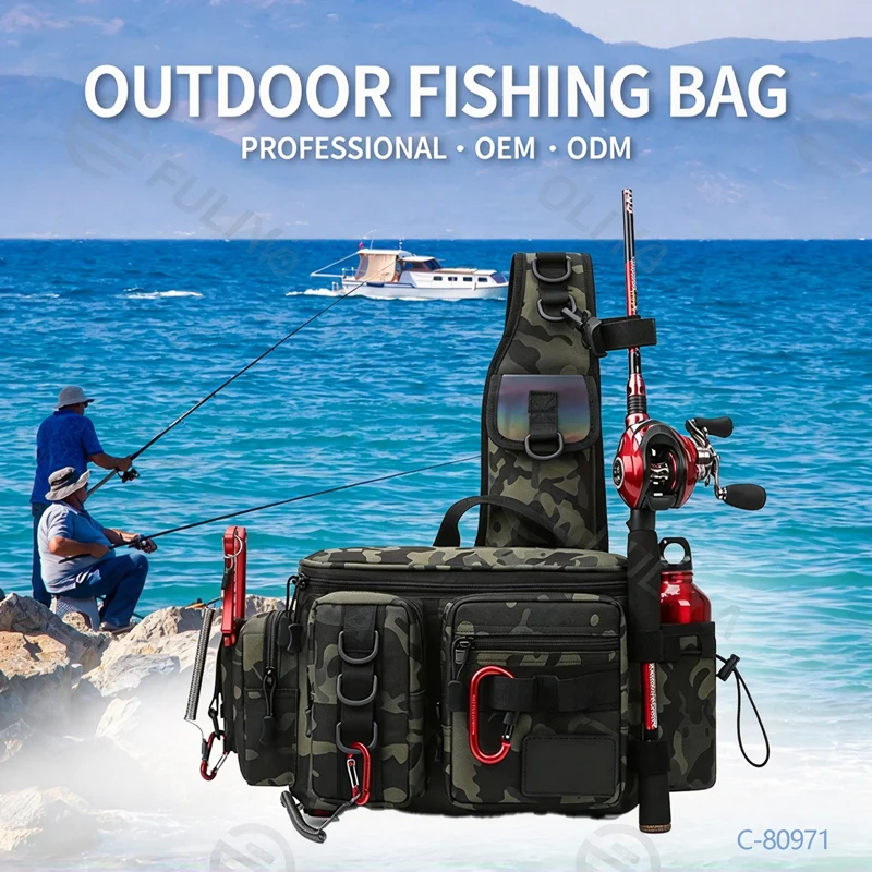 Guangzhou Fuliya Industry Co.,Ltd C-80971 Waterproof Oxford camo fishing bag, large capacity with multiple pockets. Features side bottle pocket, gear loops, and rod holder straps. For outdoor fishing.