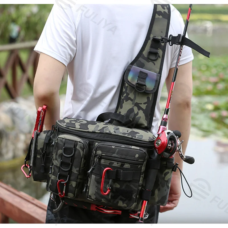 Guangzhou Fuliya Industry Co.,Ltd C-80971 Waterproof Oxford camo fishing bag, large capacity with multiple pockets. Features side bottle pocket, gear loops, and rod holder straps. For outdoor fishing.