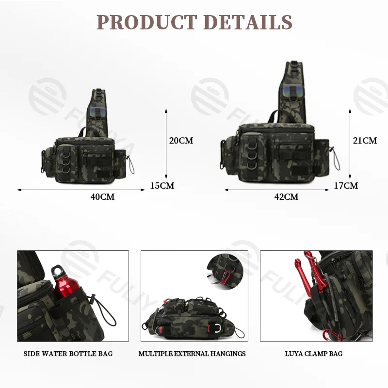Guangzhou Fuliya Industry Co.,Ltd C-80971 Waterproof Oxford camo fishing bag, large capacity with multiple pockets. Features side bottle pocket, gear loops, and rod holder straps. For outdoor fishing.