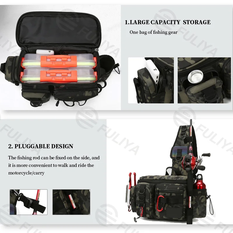 Guangzhou Fuliya Industry Co.,Ltd C-80971 Waterproof Oxford camo fishing bag, large capacity with multiple pockets. Features side bottle pocket, gear loops, and rod holder straps. For outdoor fishing.