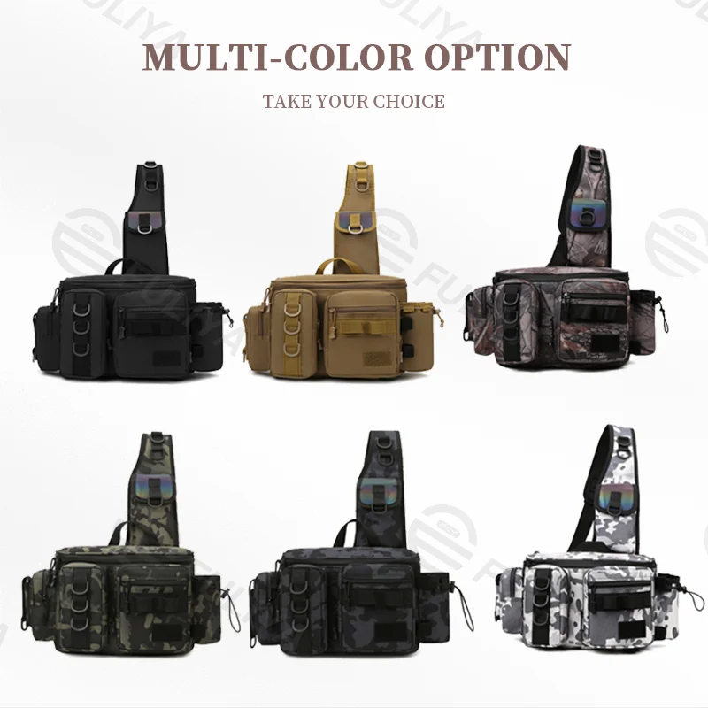 Guangzhou Fuliya Industry Co.,Ltd C-80971 Waterproof Oxford camo fishing bag, large capacity with multiple pockets. Features side bottle pocket, gear loops, and rod holder straps. For outdoor fishing.