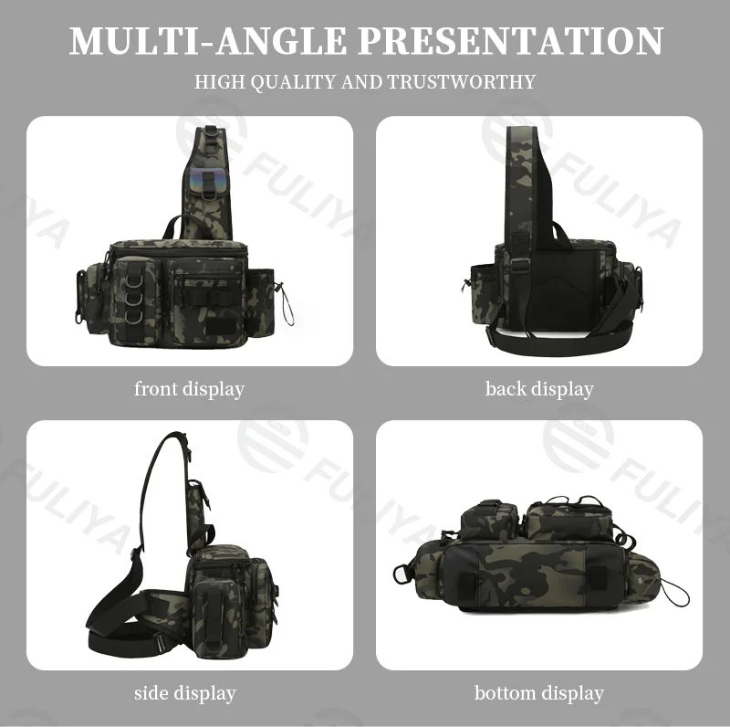 Guangzhou Fuliya Industry Co.,Ltd C-80971 Waterproof Oxford camo fishing bag, large capacity with multiple pockets. Features side bottle pocket, gear loops, and rod holder straps. For outdoor fishing.