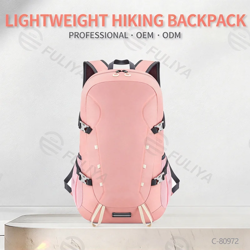 Guangzhou Fuliya Industry Co.,Ltd C-80972 35L lightweight foldable outdoor backpack with multi-compartments. Breathable mesh straps, adjustable chest strap, anti-theft pocket, side pockets, and reflective strips. For hiking, cycling, and travel.