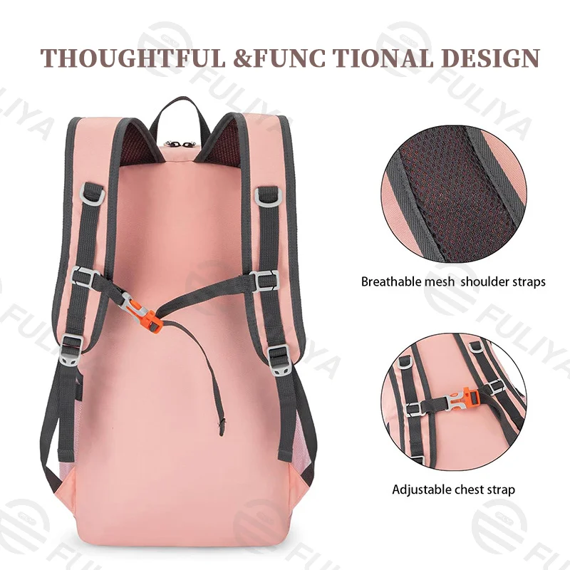 Guangzhou Fuliya Industry Co.,Ltd C-80972 35L lightweight foldable outdoor backpack with multi-compartments. Breathable mesh straps, adjustable chest strap, anti-theft pocket, side pockets, and reflective strips. For hiking, cycling, and travel.