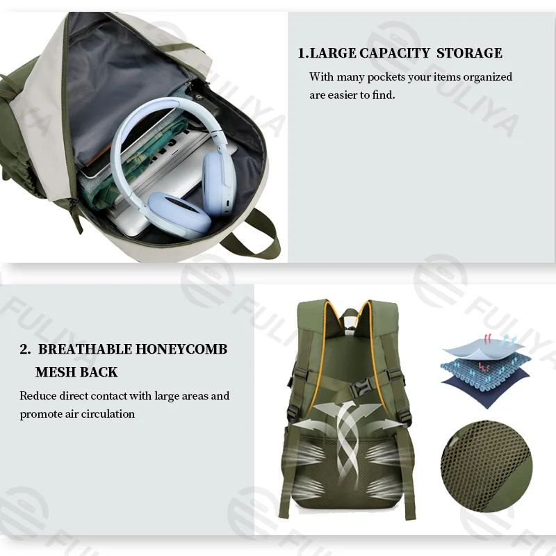 Guangzhou Fuliya Industry Co.,Ltd C-80975 Ultra-light waterproof large-capacity backpack with multi-pocket storage. Breathable honeycomb mesh back pad for comfort. For school, sports, travel, and casual use.