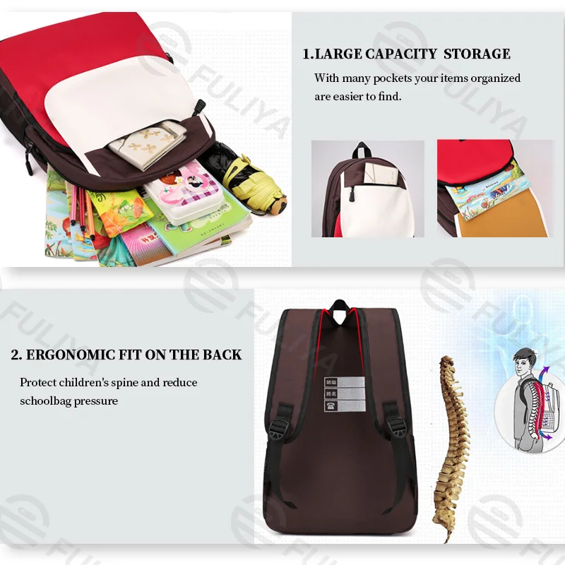 Guangzhou Fuliya Industry Co.,Ltd C-80976 Ultra-lightweight (0.55KG) ergonomic kids' school backpack. S-shaped back design for comfort and weight relief. Compact size with large capacity for books. For primary, middle/high school, and training centers.