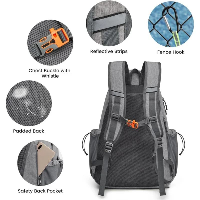 Guangzhou Fuliya Industry Co.,Ltd C-80980 Waterproof lightweight sports backpack with shoe compartment, reflective strips, whistle buckle, bottle and ball pockets. For tennis, pickleball, and daily sports.