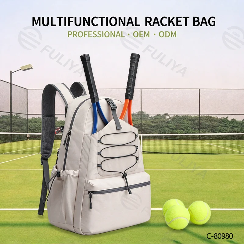 Guangzhou Fuliya Industry Co.,Ltd C-80980 Waterproof lightweight sports backpack with shoe compartment, reflective strips, whistle buckle, bottle and ball pockets. For tennis, pickleball, and daily sports.