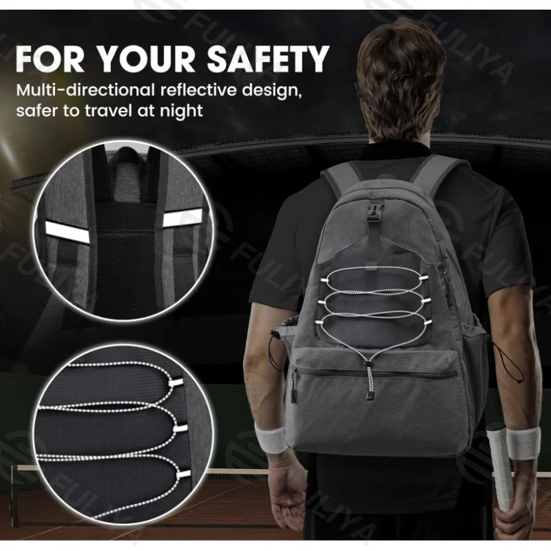 Guangzhou Fuliya Industry Co.,Ltd C-80980 Waterproof lightweight sports backpack with shoe compartment, reflective strips, whistle buckle, bottle and ball pockets. For tennis, pickleball, and daily sports.