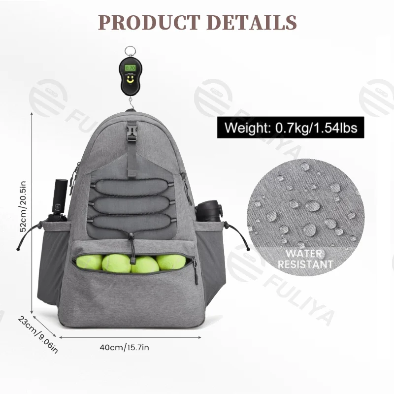 Guangzhou Fuliya Industry Co.,Ltd C-80980 Waterproof lightweight sports backpack with shoe compartment, reflective strips, whistle buckle, bottle and ball pockets. For tennis, pickleball, and daily sports.