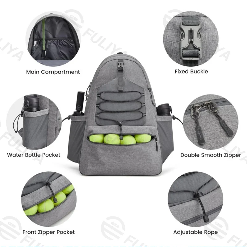 Guangzhou Fuliya Industry Co.,Ltd C-80980 Waterproof lightweight sports backpack with shoe compartment, reflective strips, whistle buckle, bottle and ball pockets. For tennis, pickleball, and daily sports.