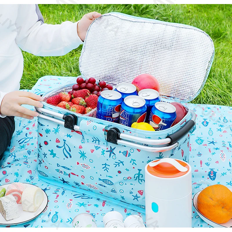 Guangzhou Fuliya Industry Co.,Ltd C-80982 Large-capacity foldable insulated picnic basket with a thickened aluminum alloy frame for strong load-bearing. Easy to fold and space-saving. For outdoor camping, picnics, and daily lunches.