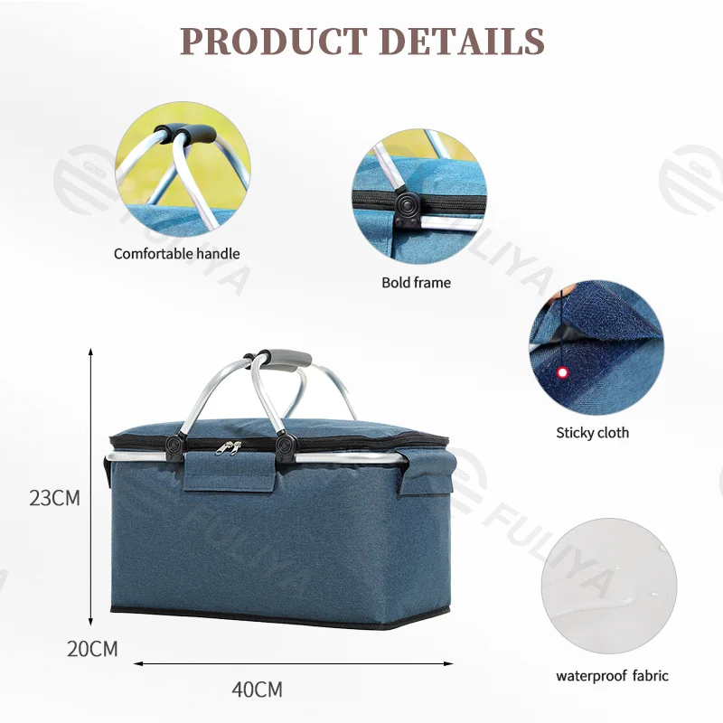 Guangzhou Fuliya Industry Co.,Ltd C-80982 Large-capacity foldable insulated picnic basket with a thickened aluminum alloy frame for strong load-bearing. Easy to fold and space-saving. For outdoor camping, picnics, and daily lunches.